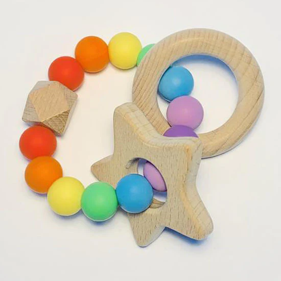 Sugar + Maple Silicone with Beechwood Teether - Rainbow Baby